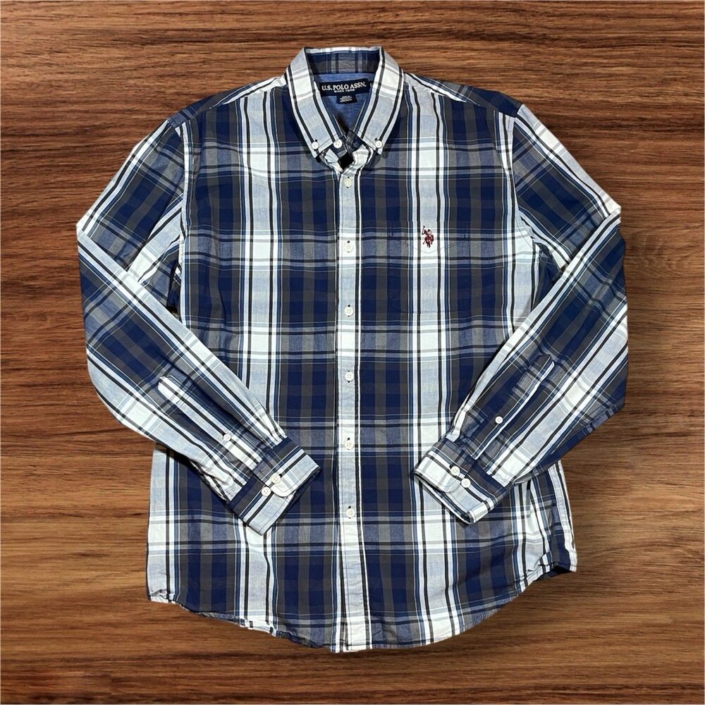U.S. Polo Assn. Mens Classic Navy Plaid Long Sleeve Button-Down Shirt Men’s L